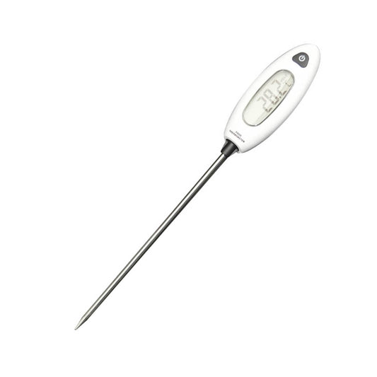White LCD food thermometer with long stainless probe and digital display