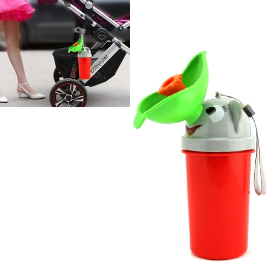 Portable children's urinal bottle with green funnel, red container, and gray cartoon top