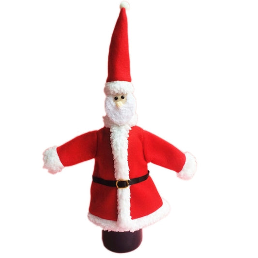 Plush Santa wine bottle bag decoration in red coat with white trim and hat