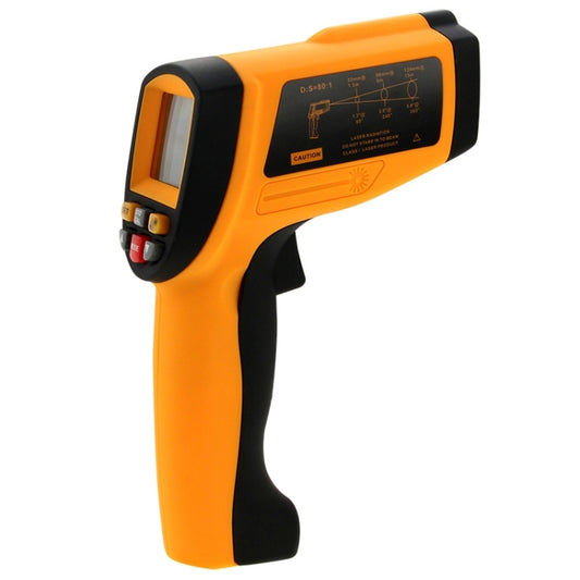 Handheld infrared thermometer side view with rear label and LCD window