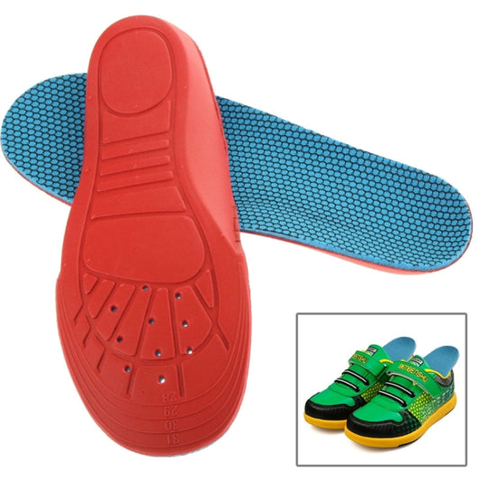 Children's EVA arch support insoles, blue textured top, red molded foot support