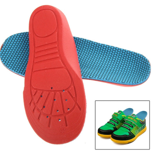 Children’s EVA arch support insole pair, red underside and blue textured top.