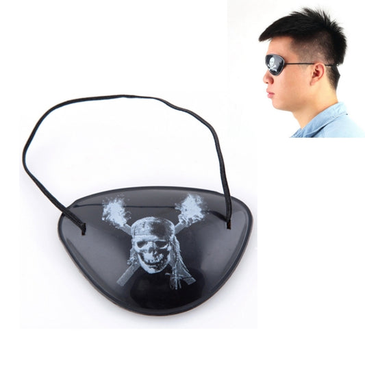 Black pirate eye patch with white skull-and-crossbones print and elastic strap.