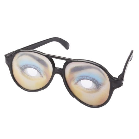 Plastic novelty joke glasses with black frame and printed eyes, close-up front view