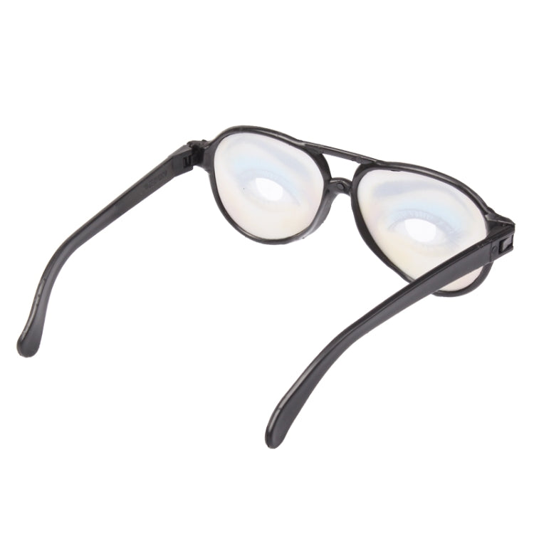 Plastic novelty joke glasses with black frame, printed eye lenses, close-up angled view