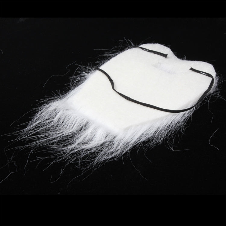 White bushy fake beard and mustache with elastic strap, side angle