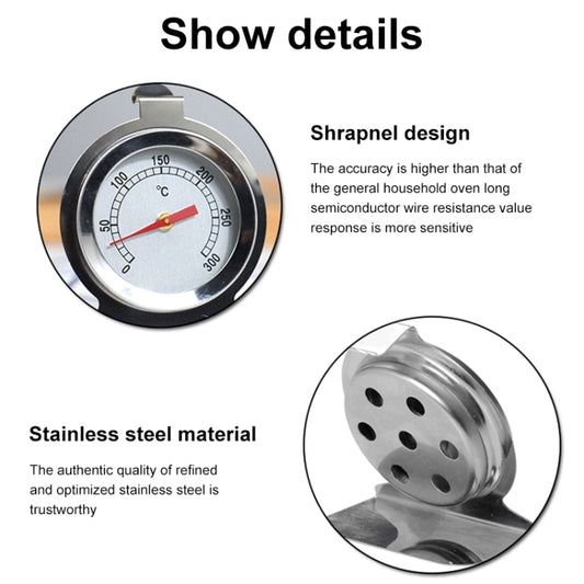Stainless steel oven thermometer close-up with Celsius dial and red temperature needle