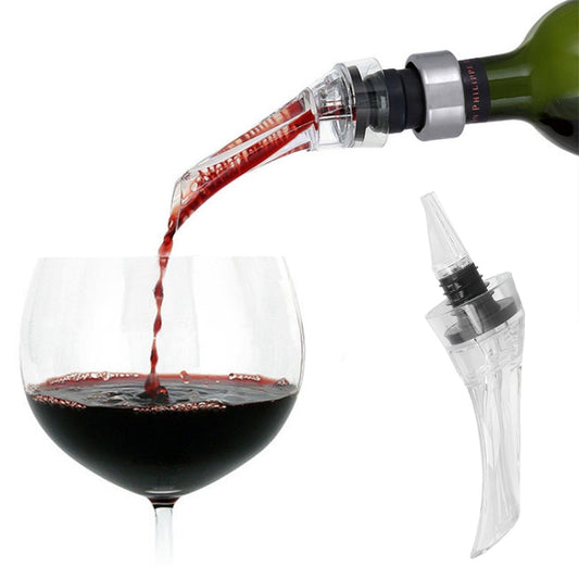 Wine aerator pourer with clear spout and silver collar over a red wine stream