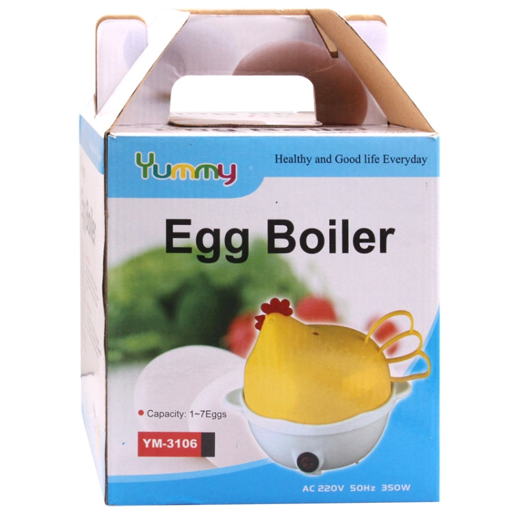 Yummy Egg Boiler retail box showing hen-shaped yellow egg boiler and base.