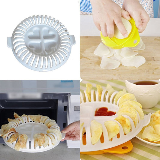 Potato chip maker device with white ridged plate and yellow hand slicer, in use