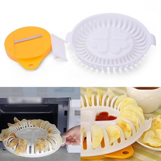 DIY potato chip maker device with yellow slicer and white ridged baking plate