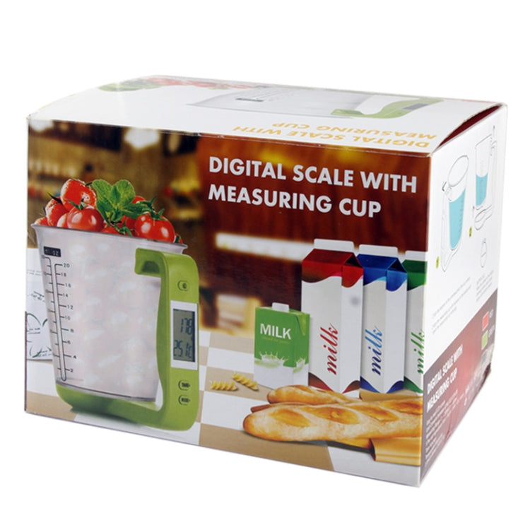 Retail box for green digital scale with measuring cup and thermometer