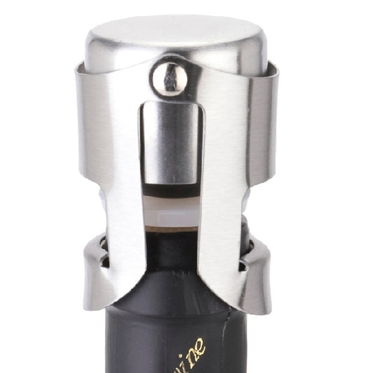 Stainless steel wine bottle stopper with hinged cap and black rubber seal