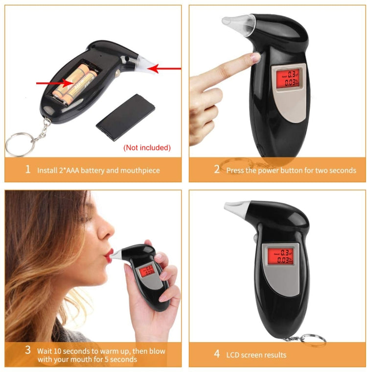 Digital alcohol tester showing black handheld unit and red LCD screen (kit view)