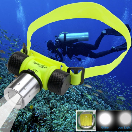 Neon yellow and black LED diving headlamp with adjustable strap and silver lens