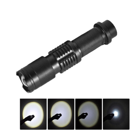 Mini telescopic LED flashlight, black textured body with side knurl grip