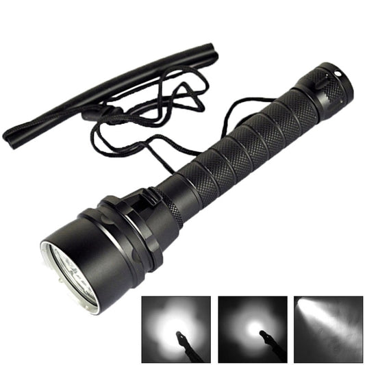 Black LED diving flashlight with wrist strap and lanyard cord accessory.