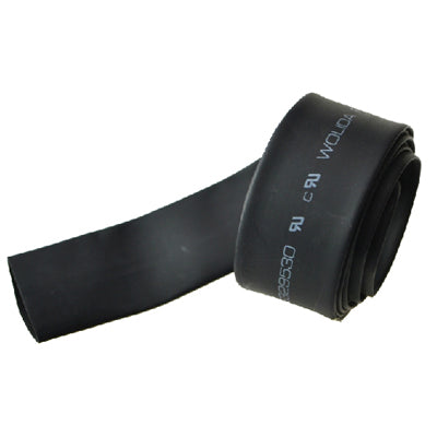 Black flexible heat shrink tube roll, labeled details on wrap, open tube end