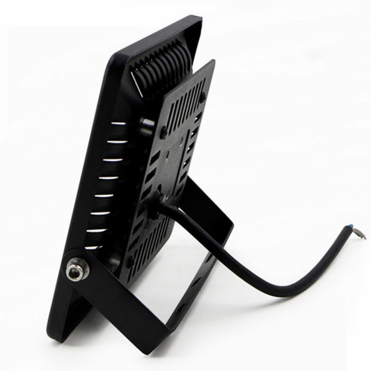 Black LED floodlight with angled stand mount and visible power lead