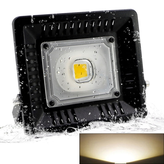Warm white LED floodlight with square lens, black fins, and adjustable metal bracket
