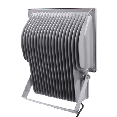 LED floodlight head with ribbed heat-sink fins and gray metal housing