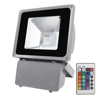 RGB LED floodlight with black reflector and gray housing, includes color remote