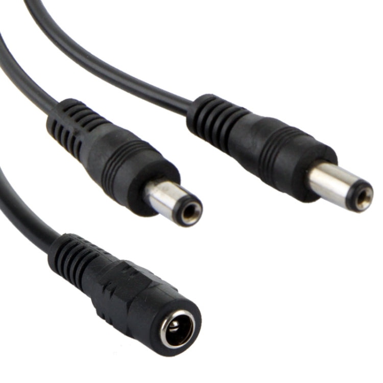 Close-up of black 5.5mm DC barrel connectors on 35cm cable: female socket to dual male