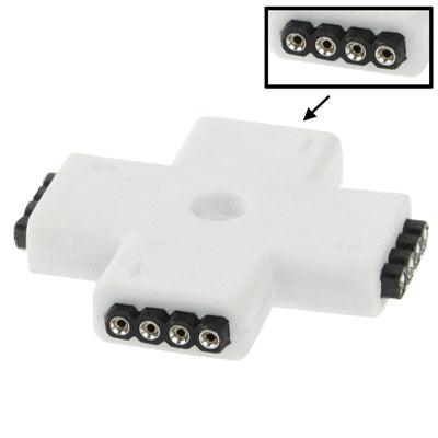 White cross-shaped connector showing 4-pin female socket contacts