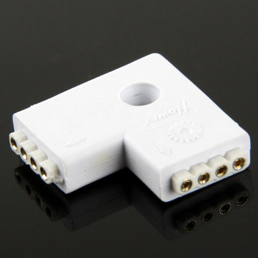 White 4-pin 2-way L-shaped female RGB LED strip connector, dual ports