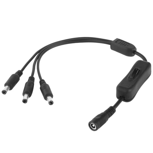 DC power cable connector with switch and three 2-prong output plugs, black