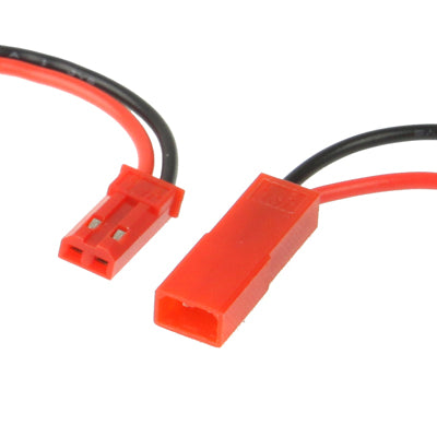 2-pin JST connector cable plug with red housing and black wire leads