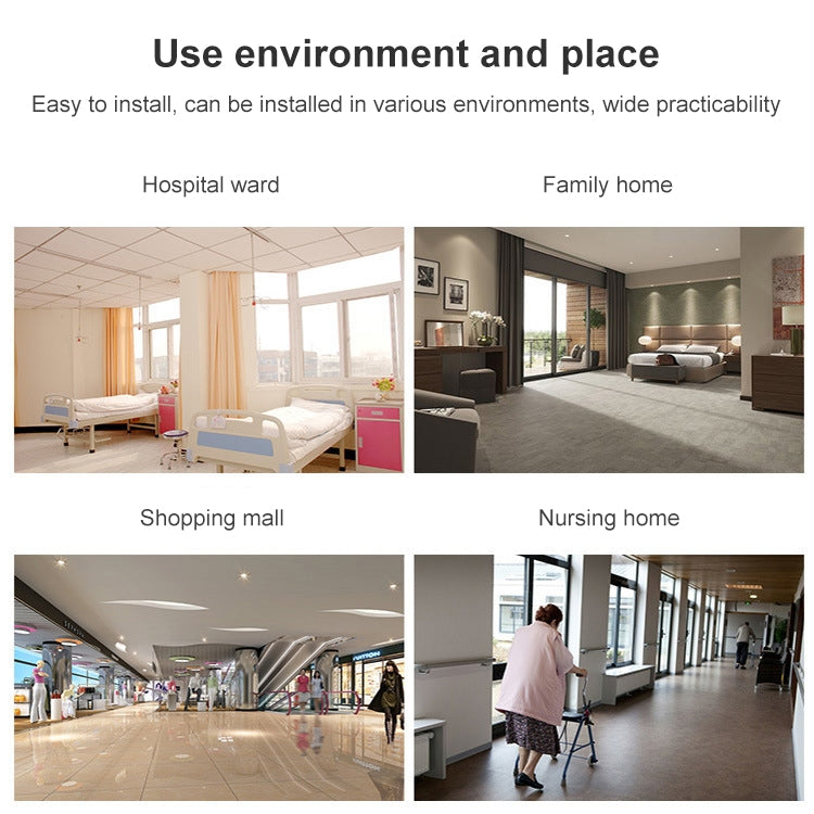 Emergency panic button shown installed in hospital ward and home room settings