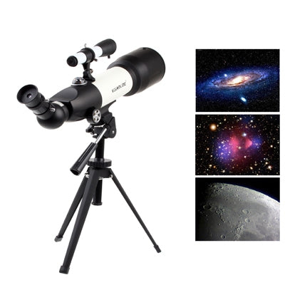Astronomical telescope kit with black tube and tripod stand, two eyepiece caps
