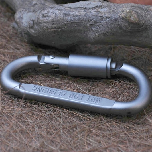 Silver D-ring carabiner latch close-up with stamped bar, two-pack
