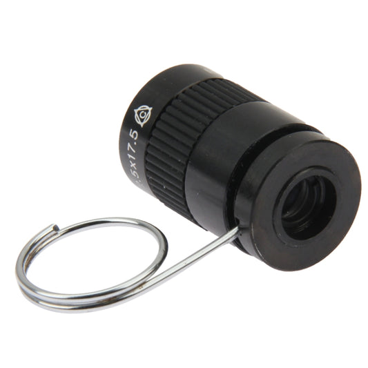 Mini monocular thumb telescope, black ribbed barrel with side text and finger loop