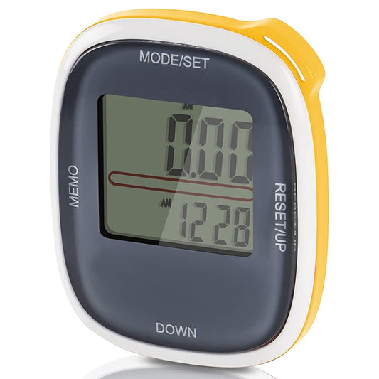 Yellow-and-white digital pedometer step counter with LCD screen and buttons