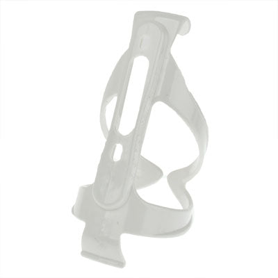 White plastic bottle cage holder with mounting feet and open bottle cradle.