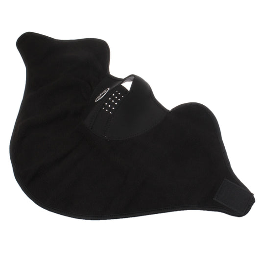 Black half-face mask with curved nose panel and front vent holes