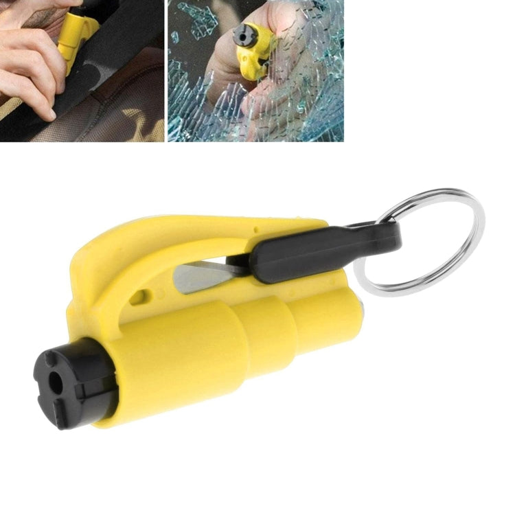 2-in-1 car emergency hammer keychain tool, yellow with loop key ring and built-in blade