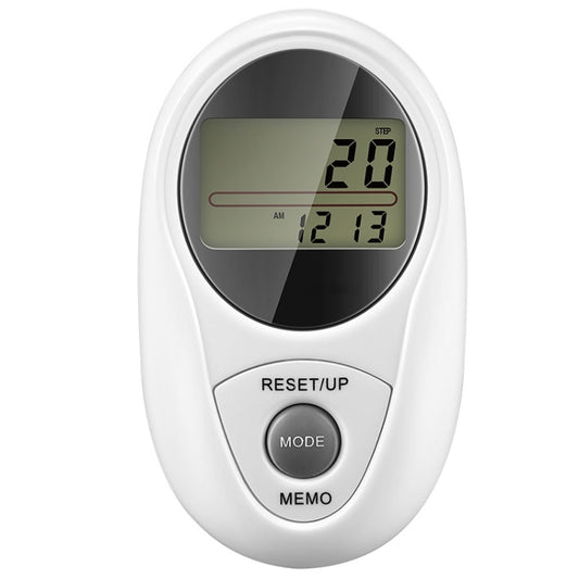 White digital pedometer step counter with LCD display and two front buttons