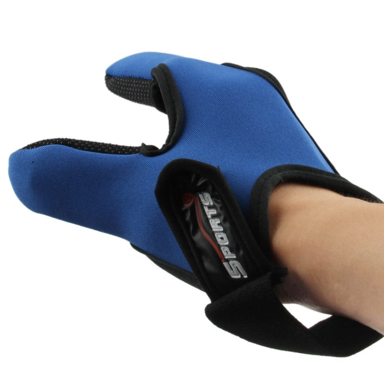Blue two-finger fishing gloves with black wrist cuff and logo patch