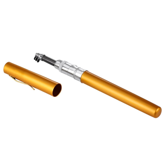 Pen-style fishing rod with gold tube body, silver reel, and protective case