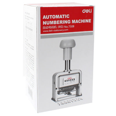 Automatic numbering machine retail box with red header and product photo
