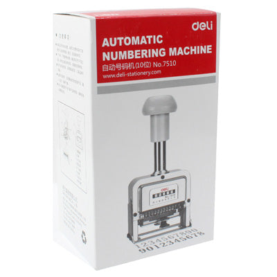 Automatic numbering machine product box, red and white with deli branding