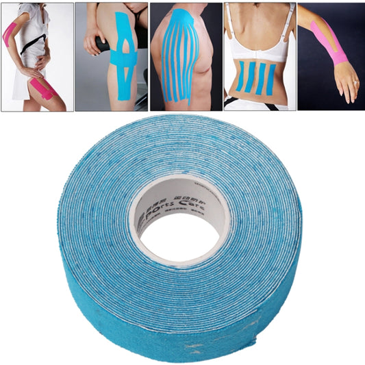 Blue waterproof kinesiology tape roll, visible spiral weave and paper core