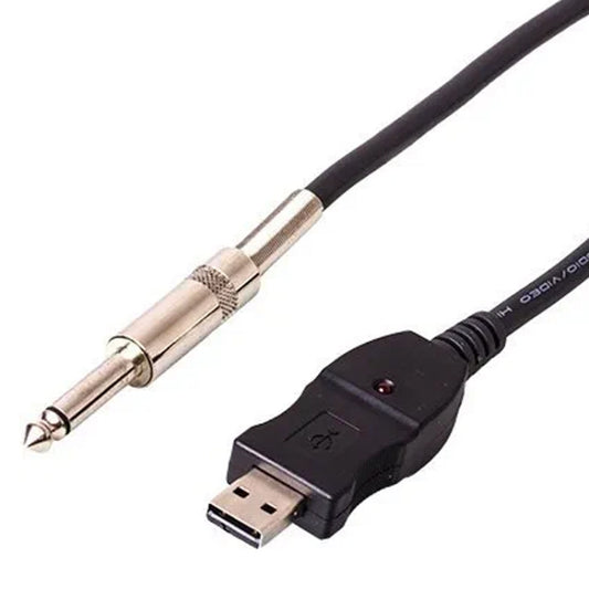 USB guitar-to-USB recording adapter cable with black USB-A and silver audio plug