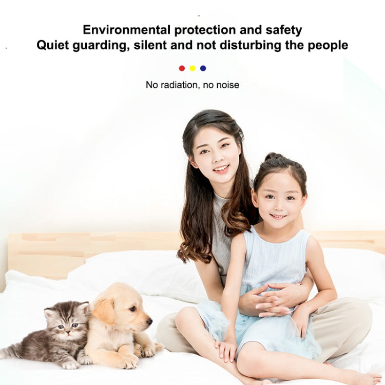 Ultrasonic mouse repeller concept with cat and dog beside family on bed