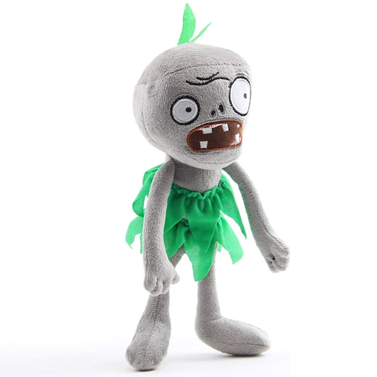 Plush zombie doll in standing pose, green ragged dress and leaf-like head tuft