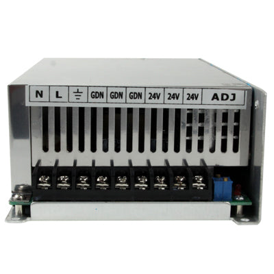 Regulated switching power supply front panel with screw terminals labeled N, L, GND, ADJ