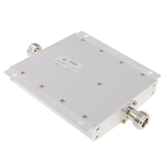Metal signal booster amplifier casing with RF connectors and QC PASS label
